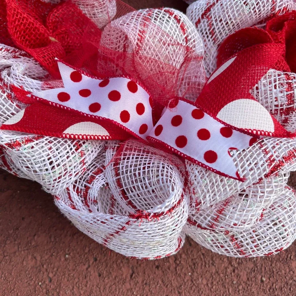 Handmade Red and White Deco Mesh Wreath Polka Dot Burlap Valentine Decor 21in
